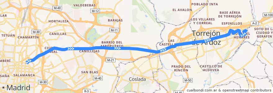 Mapa del recorrido Bus 224: Madrid (Avenida de América) → Torrejón de Ardoz de la línea  en Área metropolitana de Madrid y Corredor del Henares.