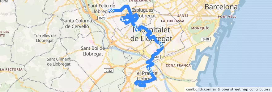 Mapa del recorrido L10 Sant Feliu de L. (C. Comarcal) => El Prat de L. (St. Cosme) de la línea  en Барселона.