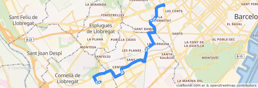 Mapa del recorrido L12 Cornellà de L. (Almeda) => Barcelona (Pl. Reina Maria Cristina) de la línea  en Барселонес.