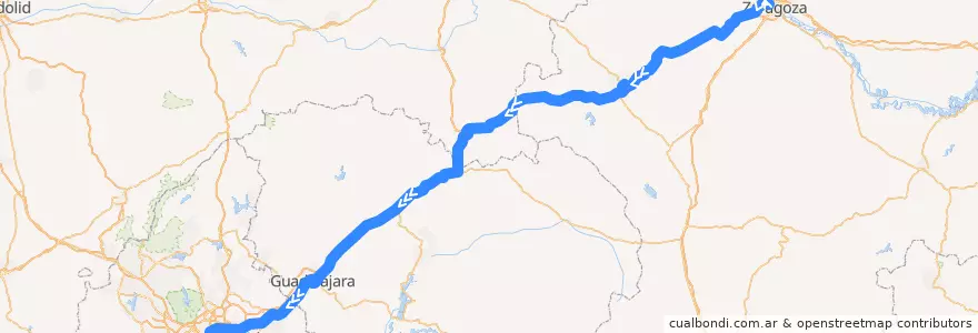 Mapa del recorrido Madrid - Alcalá - Guadalajara - Medinaceli - Calatayud - Zaragoza - Barcelona de la línea  en Espanha.