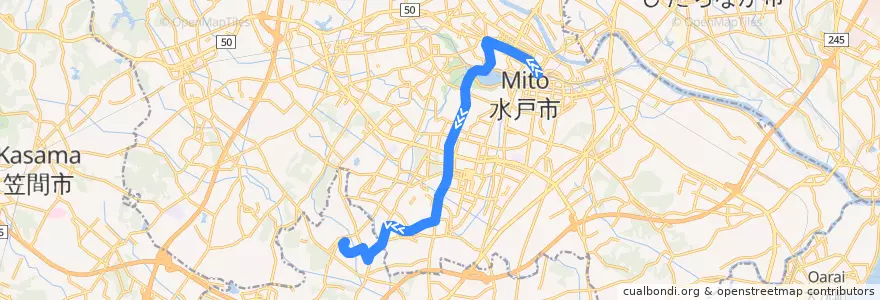 Mapa del recorrido 関東鉄道バス 水戸駅⇒明光台団地入口⇒水戸医療センター de la línea  en 水戸市.