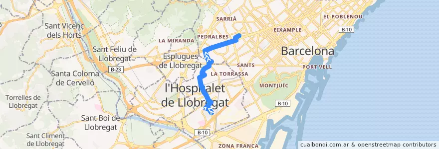 Mapa del recorrido L14 L'Hospitalet de L. (Rbla. Marina) => Barcelona (Flos i Calcat) de la línea  en Barcelonais.