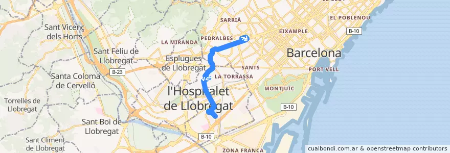 Mapa del recorrido L14 Barcelona (Flos i Calcat) => L'Hospitalet de L. (Rbla. Marina) de la línea  en Барселонес.