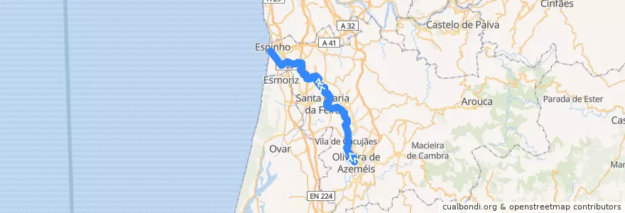 Mapa del recorrido Linha do Vouga: Oliveira de Azeméis => Espinho de la línea  en Área Metropolitana do Porto.