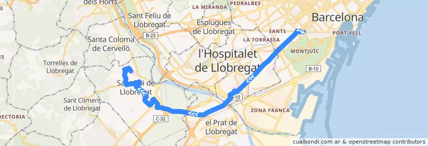 Mapa del recorrido L70 Barcelona (Pl. Espanya) => Sant Boi de L. (Ciutat Cooperativa) de la línea  en Barcelone.