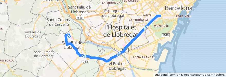 Mapa del recorrido L70 Sant Boi de L. (Ciutat Cooperativa) => Barcelona (Pl Espanya) de la línea  en Barcelona.