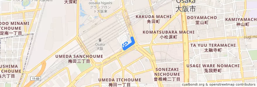 Mapa del recorrido 93：井高野車庫前～東淀川区役所前・十三～大阪駅前 de la línea  en 北区.