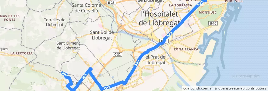 Mapa del recorrido L80 Gavà (Can Tries) => Barcelona (Pl. Espanya) de la línea  en Barcelona.