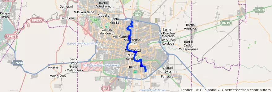 Mapa del recorrido 8 de la línea A (Azul) en Municipio de Córdoba.