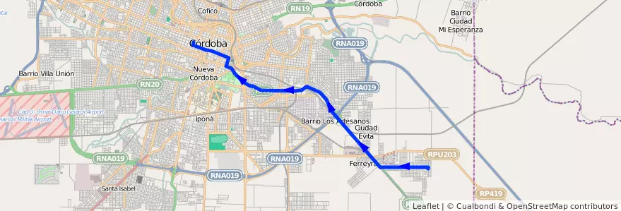 Mapa del recorrido 8 de la línea N (Naranja) en Municipio de Córdoba.