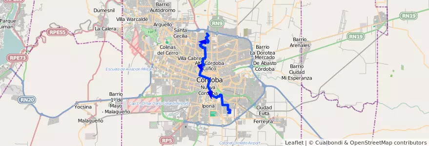 Mapa del recorrido 8 de la línea A (Azul) en Municipio de Córdoba.