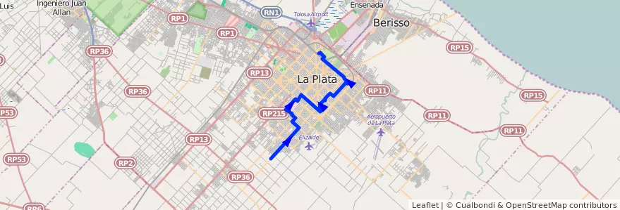 Mapa del recorrido 80 de la línea Sur en Partido de La Plata.
