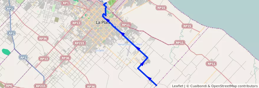 Mapa del recorrido 80 de la línea Este en Partido de La Plata.
