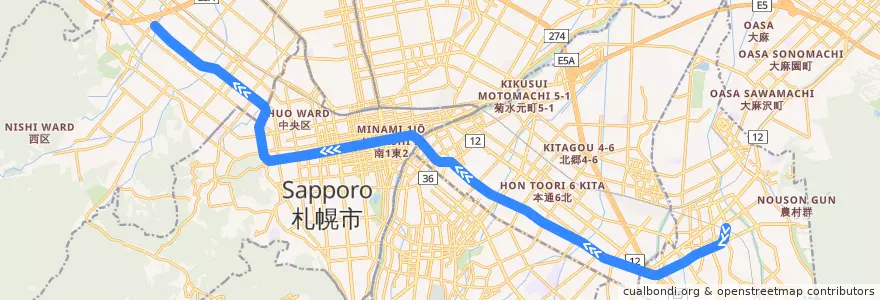 Mapa del recorrido 東西線 de la línea  en 札幌市.