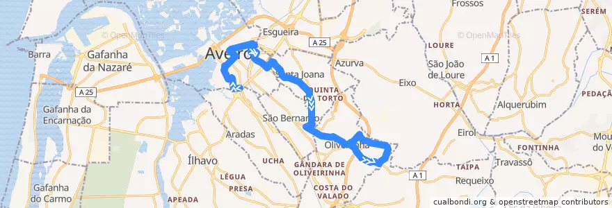 Mapa del recorrido Linha 6: Aveiro => Oliveirinha (via Granja) de la línea  en Aveiro.