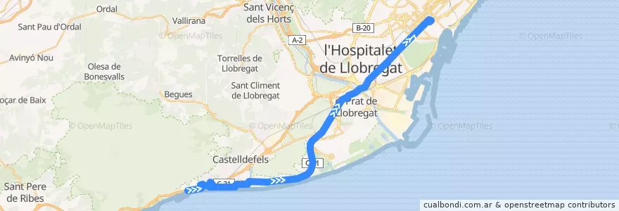 Mapa del recorrido L94 Castelldefels (Les Botigues) => Barcelona (Rda. Universitat) de la línea  en Sepanyol.