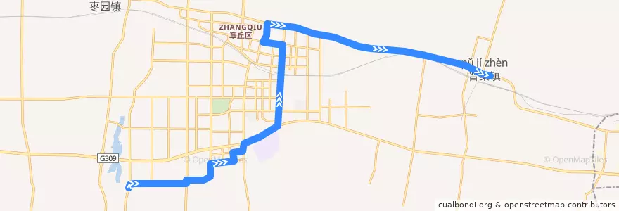 Mapa del recorrido 章丘5路章丘七中—>绣源河风景区 de la línea  en 章丘区.