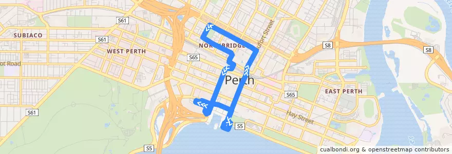 Mapa del recorrido Blue CAT de la línea  en City of Perth.