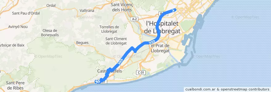 Mapa del recorrido L97 Castelldefels (Bellamar) => Barcelona (Pl. Reina M. Cristina) de la línea  en Baix Llobregat.