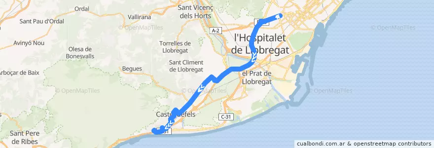 Mapa del recorrido L97 Barcelona (Pl. Reina M.Cristina) => Castelldefels (Bellamar) de la línea  en Baix Llobregat.