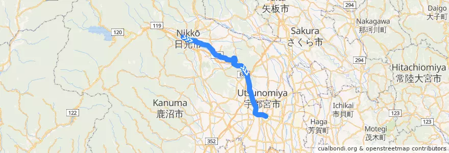 Mapa del recorrido 関東自動車バス[01] 今市車庫⇒篠井ニュータウン⇒宇都宮駅 de la línea  en 도치기현.