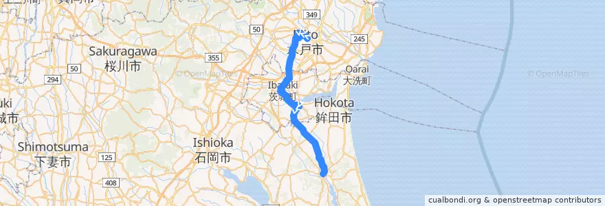 Mapa del recorrido 関鉄グリーンバス 水戸駅⇒茨城町役場・海老沢⇒鉾田駅 de la línea  en إيباراكي.