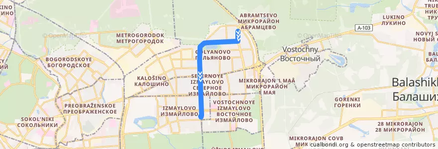Mapa del recorrido Автобус 223к: Камчатская улица => Метро «Первомайская» de la línea  en Östlicher Verwaltungsbezirk.