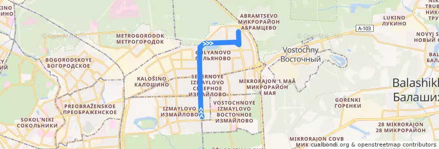 Mapa del recorrido Автобус 223к: Метро «Первомайская» => Камчатская улица de la línea  en Östlicher Verwaltungsbezirk.