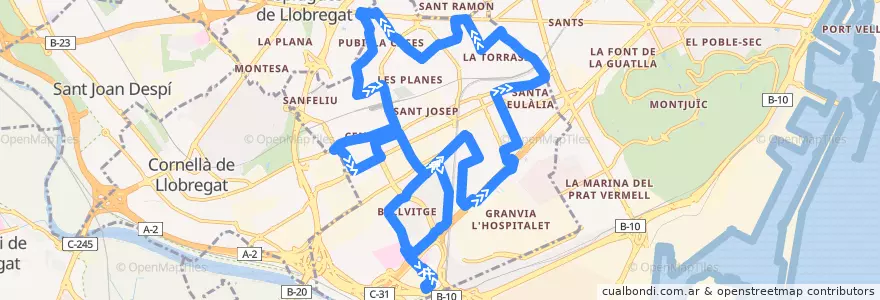 Mapa del recorrido LH2 L'hospitalet. Tanatori <=> Collblanc de la línea  en l'Hospitalet de Llobregat.