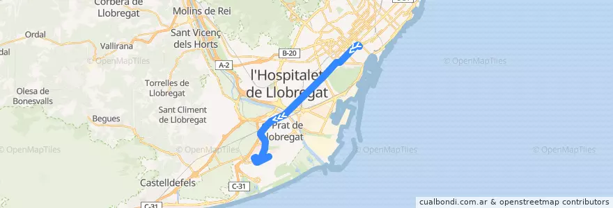 Mapa del recorrido A2 Aerobús. Pl. Catalunya => Aeroport Terminal T2 de la línea  en Барселона.
