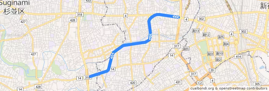 Mapa del recorrido 東京メトロ丸ノ内線 : 中野坂上→方南町 de la línea  en 中野区.