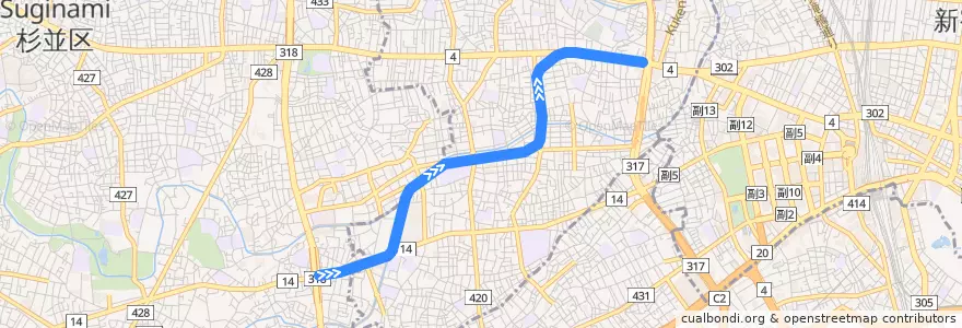 Mapa del recorrido 東京メトロ丸ノ内線 : 方南町→中野坂上 de la línea  en 中野区.