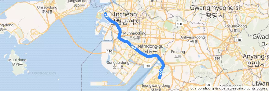 Mapa del recorrido 수도권 전철 수인선: 인천 → 오이도 de la línea  en Incheon.