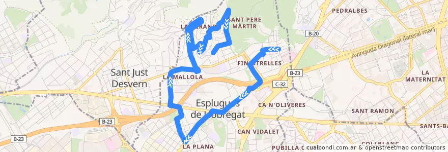 Mapa del recorrido EP2 Esplugues de Llobregat. Hospital Sant Joan de Déu => La Miranda de la línea  en Baix Llobregat.