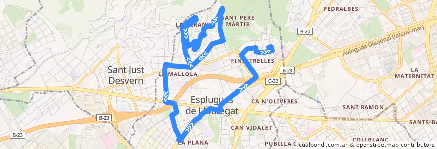 Mapa del recorrido EP2 Esplugues de Llobregat. La Miranda => Hospital Sant Joan de Déu de la línea  en Baix Llobregat.