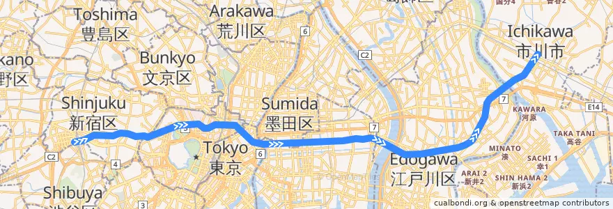 Mapa del recorrido 都営新宿線 : 新宿→本八幡 de la línea  en Tokyo.