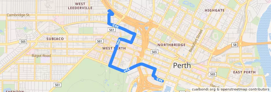 Mapa del recorrido Green CAT Elizabeth Quay Bus Station → Leederville Station de la línea  en City of Perth.