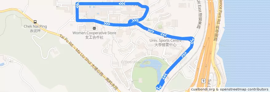 Mapa del recorrido 本部線 Main Campus de la línea  en 沙田區 Sha Tin District.