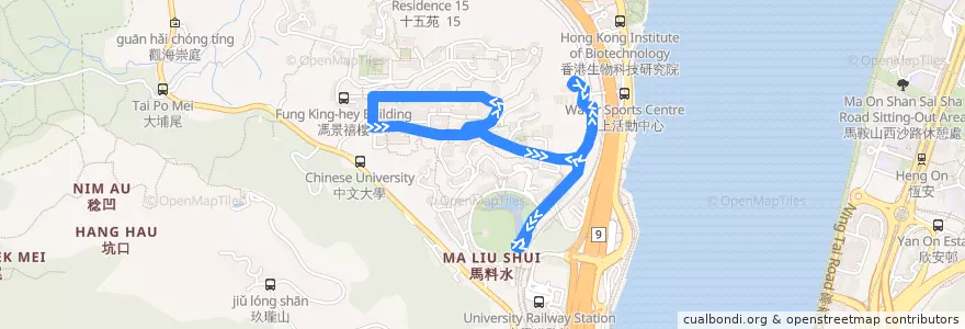 Mapa del recorrido 本部線 Main Campus de la línea  en 沙田區 Sha Tin District.