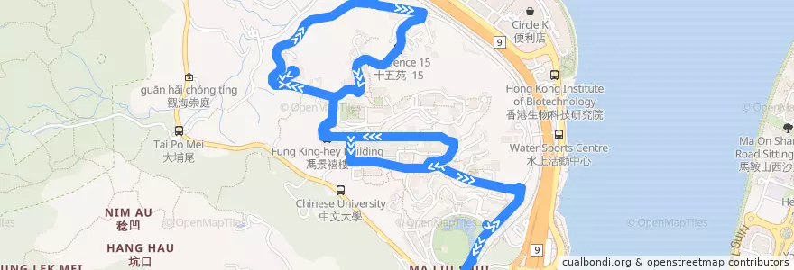Mapa del recorrido 逸夫線 Shaw College de la línea  en 沙田區 Sha Tin District.