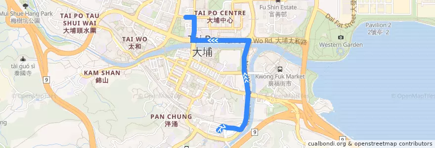 Mapa del recorrido 港鐵接駁巴士K12綫 MTR Feeder Bus K12 (大埔墟站 Tai Po Market Station → 八號花園 Eightland Gardens) de la línea  en 大埔區 Tai Po District.