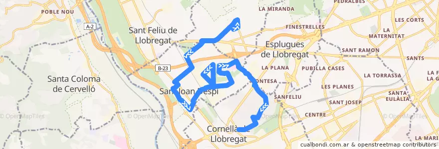 Mapa del recorrido L46 Sant Just Desvern (Av Indústria) => Cornellà de L. (Av. Salvador Allende) de la línea  en Baix Llobregat.