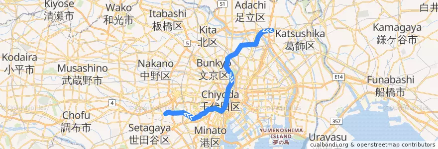 Mapa del recorrido 東京メトロ千代田線 : 綾瀬→代々木上原 de la línea  en 东京都/東京都.