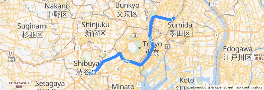 Mapa del recorrido 東京メトロ銀座線 : 渋谷→浅草 de la línea  en 東京都.