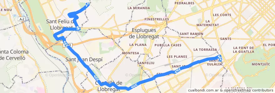 Mapa del recorrido L52 L'Hospitalet - Sant Feliu de la línea  en Barcelona.