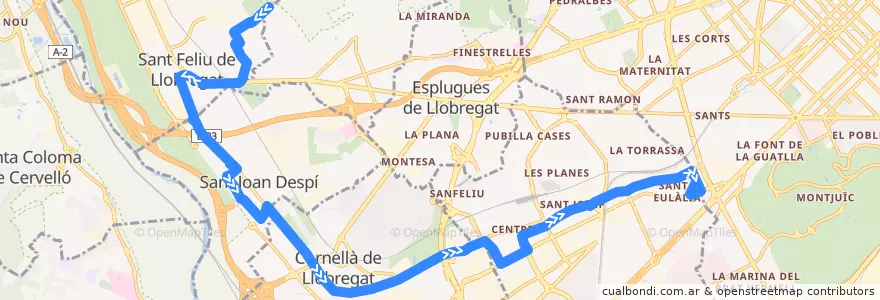 Mapa del recorrido L52 Sant Feliu - L'Hospitalet de la línea  en Barcelona.