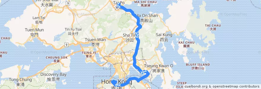 Mapa del recorrido 空調過海路線第307號 (大埔中心→中環碼頭) Air-Conditioned Cross Harbour Route No. 307 (Tai Po Centre → Central Ferry Piers) de la línea  en Nuovi Territori.
