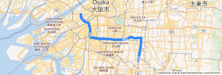 Mapa del recorrido Osaka Metro千日前線 de la línea  en Osaka.