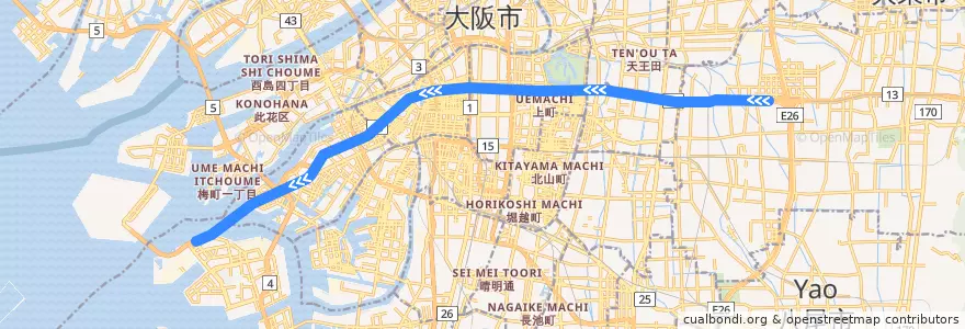 Mapa del recorrido Osaka Metro中央線 de la línea  en 大阪市.