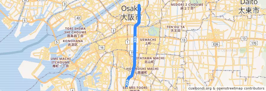 Mapa del recorrido Osaka Metro堺筋線 de la línea  en Osaka.